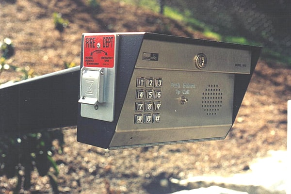 DoorKing Model 1812 gate callbox with keypad and fire department emergency access