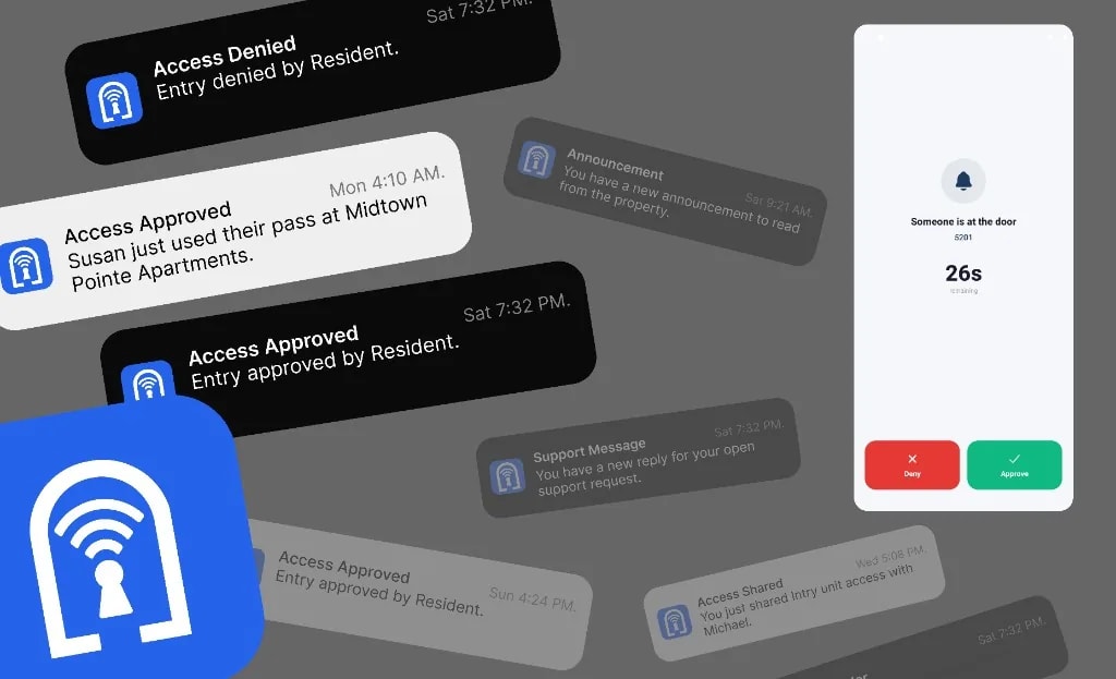 Intry push notifications and one-tap approve or deny gate access from a mobile device